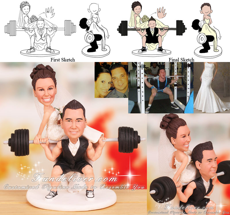 Groom in Squatting Position Bride Sitting on Barbell Powerlifting Cake Toppers